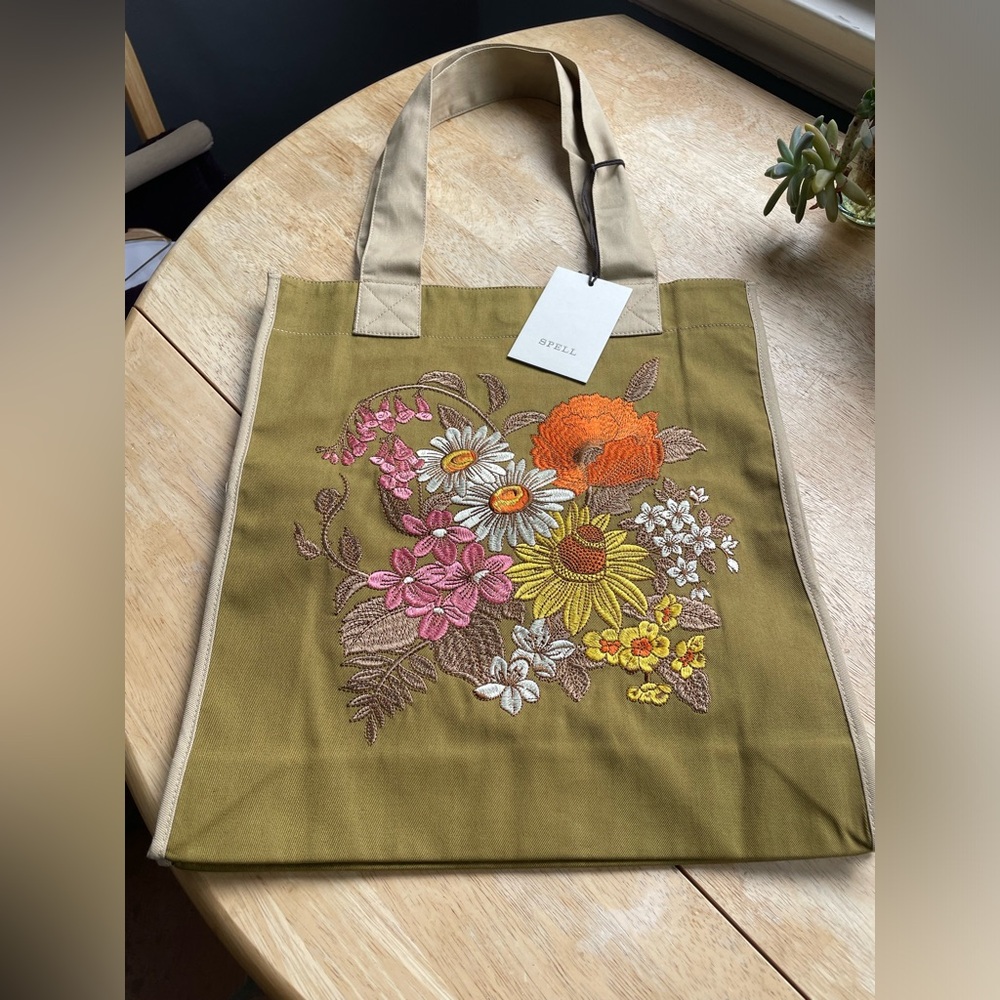 Spell Foxglove Floral Embroidered Tote Bag - Olive Green, NWT
